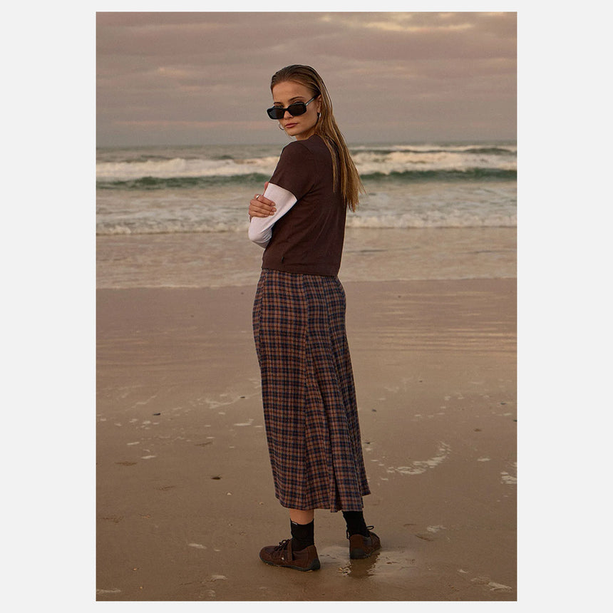 AFENDS Lana Seersucker Midi Skirt - Shev Indigo Check