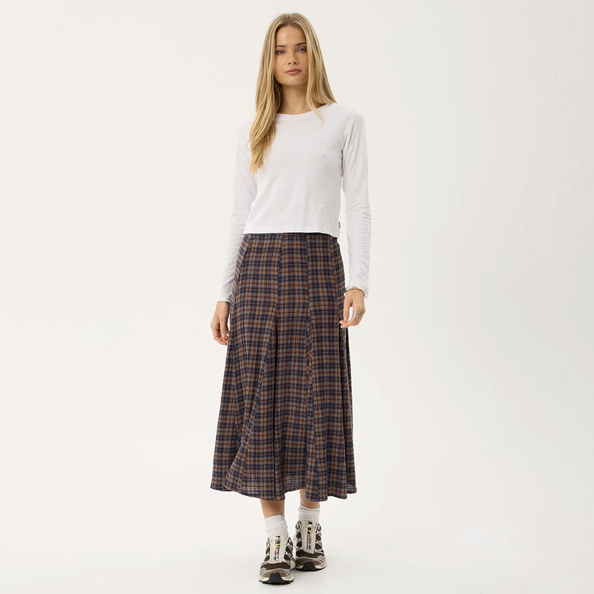 AFENDS Lana Seersucker Midi Skirt - Shev Indigo Check