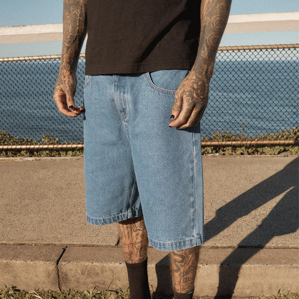 AFENDS Lil C Denim Baggy Short - Worn Blue