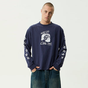 AFENDS Live It Heavyweight Boxy Long Sleeve Tee - Washed Deep Sea