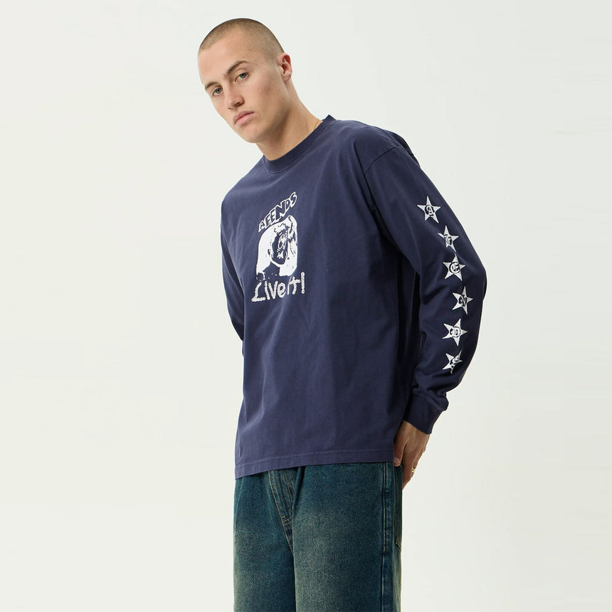 AFENDS Live It Heavyweight Boxy Long Sleeve Tee - Washed Deep Sea