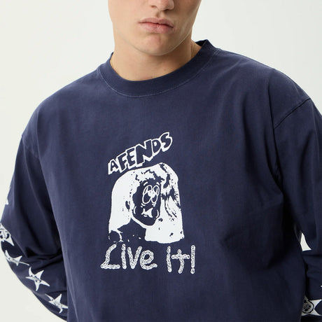 AFENDS Live It Heavyweight Boxy Long Sleeve Tee - Washed Deep Sea