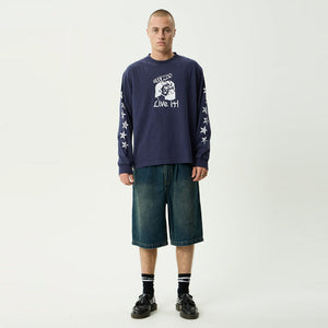 AFENDS Live It Heavyweight Boxy Long Sleeve Tee - Washed Deep Sea