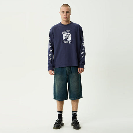 AFENDS Live It Heavyweight Boxy Long Sleeve Tee - Washed Deep Sea