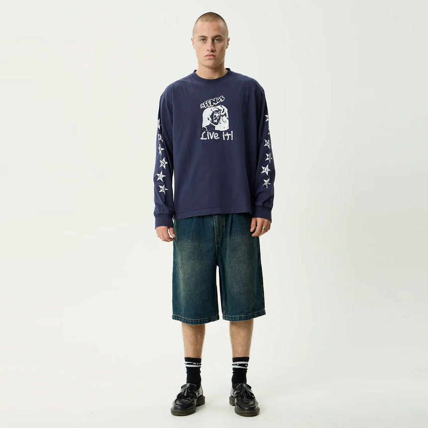 AFENDS Live It Heavyweight Boxy Long Sleeve Tee - Washed Deep Sea