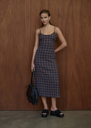 AFENDS Rumi Seersucker Midi Dress - Shev Indigo Check