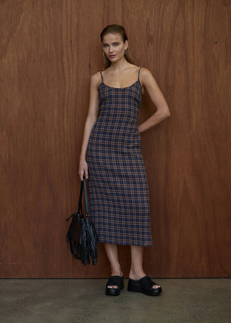 AFENDS Rumi Seersucker Midi Dress - Shev Indigo Check