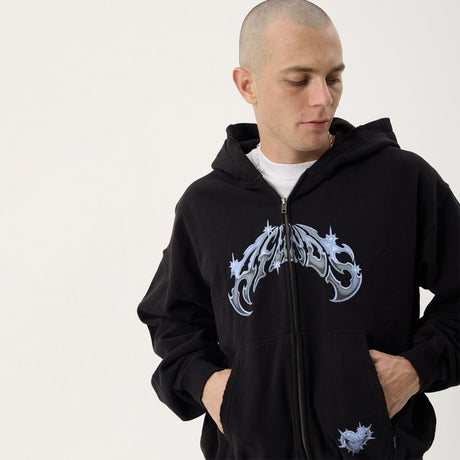 AFENDS Scorpius Recycled Distressed Boxy Zip Hood - Stone Black