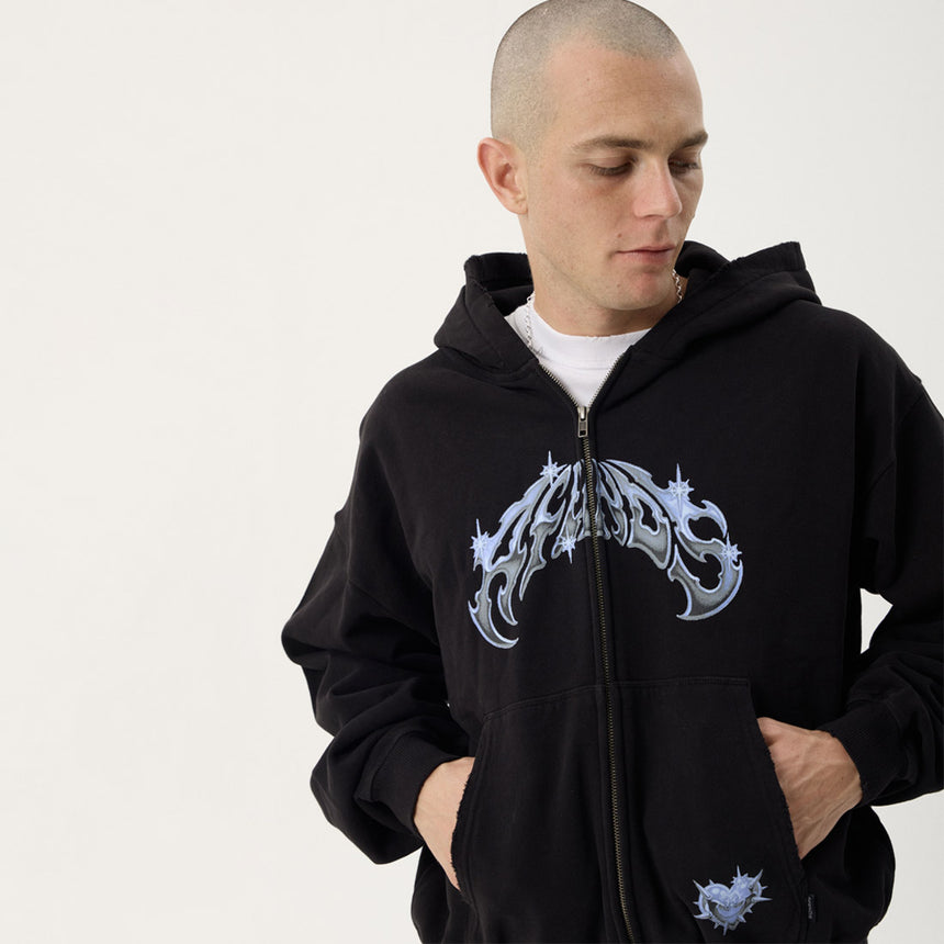 AFENDS Scorpius Recycled Distressed Boxy Zip Hood - Stone Black
