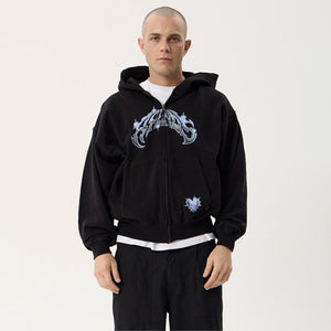 AFENDS Scorpius Recycled Distressed Boxy Zip Hood - Stone Black