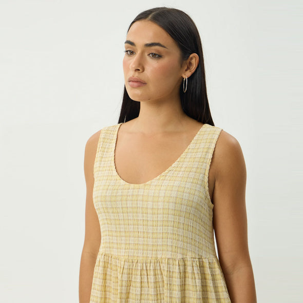 AFENDS Sunday Seersucker Check Midi Dress - Lemon Check