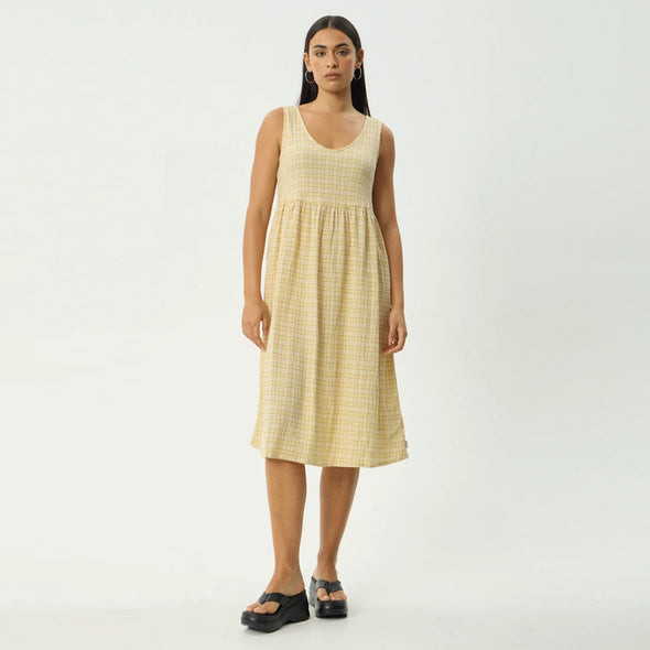 AFENDS Sunday Seersucker Check Midi Dress - Lemon Check