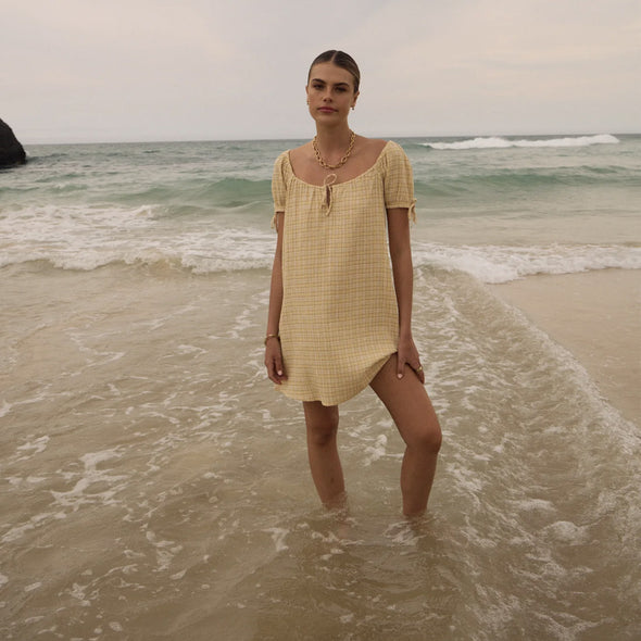 AFENDS Sunday Seersucker Mini Dress - Lemon Check