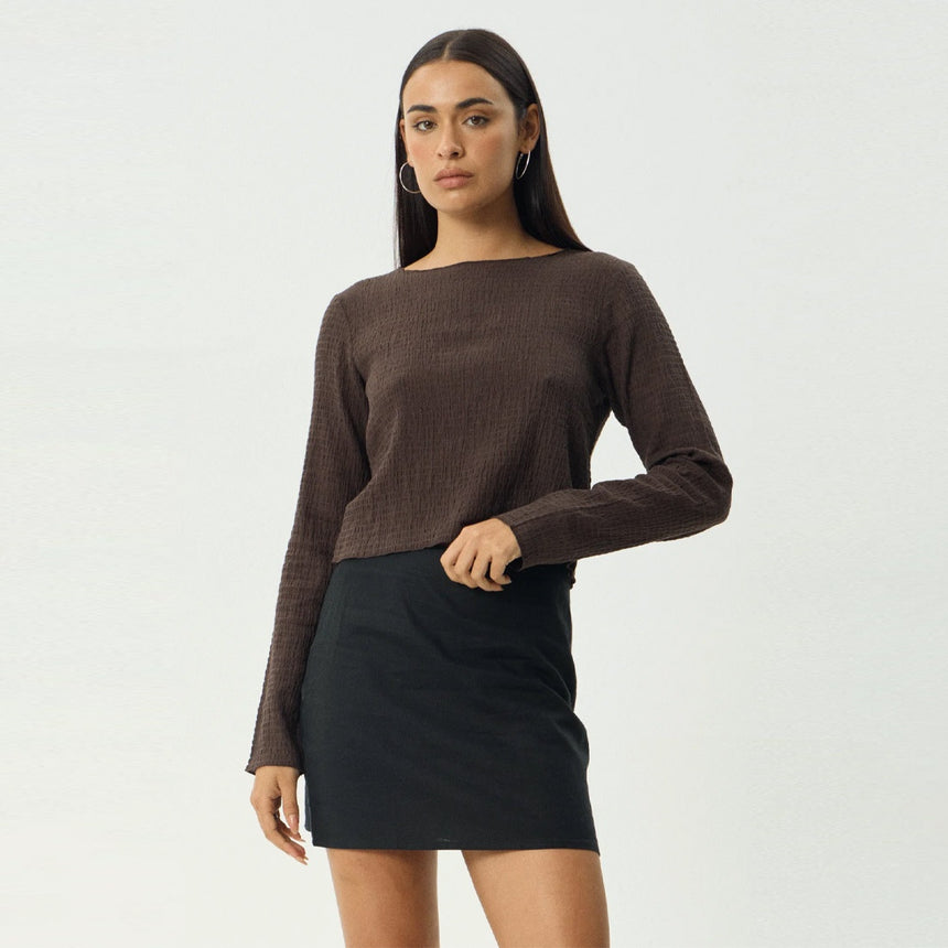 AFENDS Women's Focus Seersucker Long Sleeve Top - Coffee