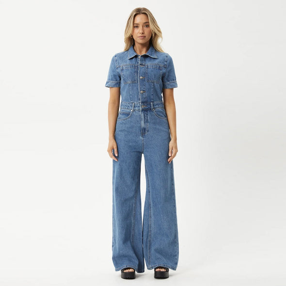 AFENDS Women's Miami Hemp Denim Flared Jumpsuit - Worn Blue