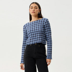 AFENDS Women's Mountains Seersucker Long Sleeve Top - Navy Red Check