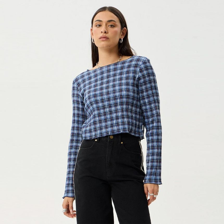 AFENDS Women's Mountains Seersucker Long Sleeve Top - Navy Red Check