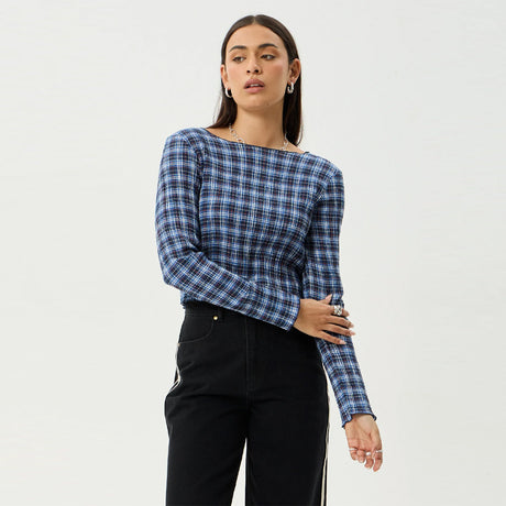 AFENDS Women's Mountains Seersucker Long Sleeve Top - Navy Red Check