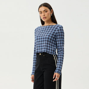 AFENDS Women's Mountains Seersucker Long Sleeve Top - Navy Red Check