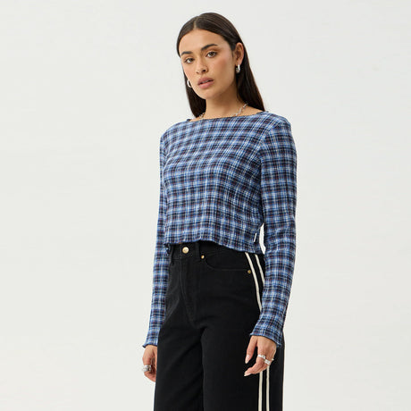 AFENDS Women's Mountains Seersucker Long Sleeve Top - Navy Red Check