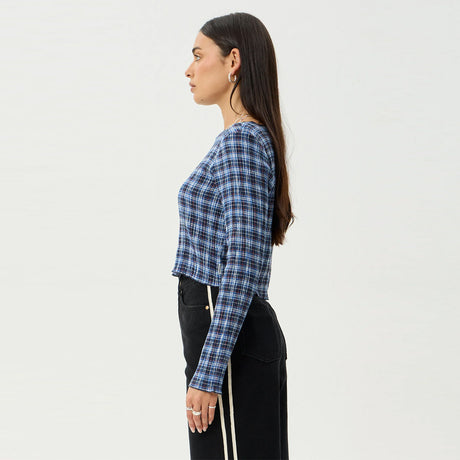 AFENDS Women's Mountains Seersucker Long Sleeve Top - Navy Red Check
