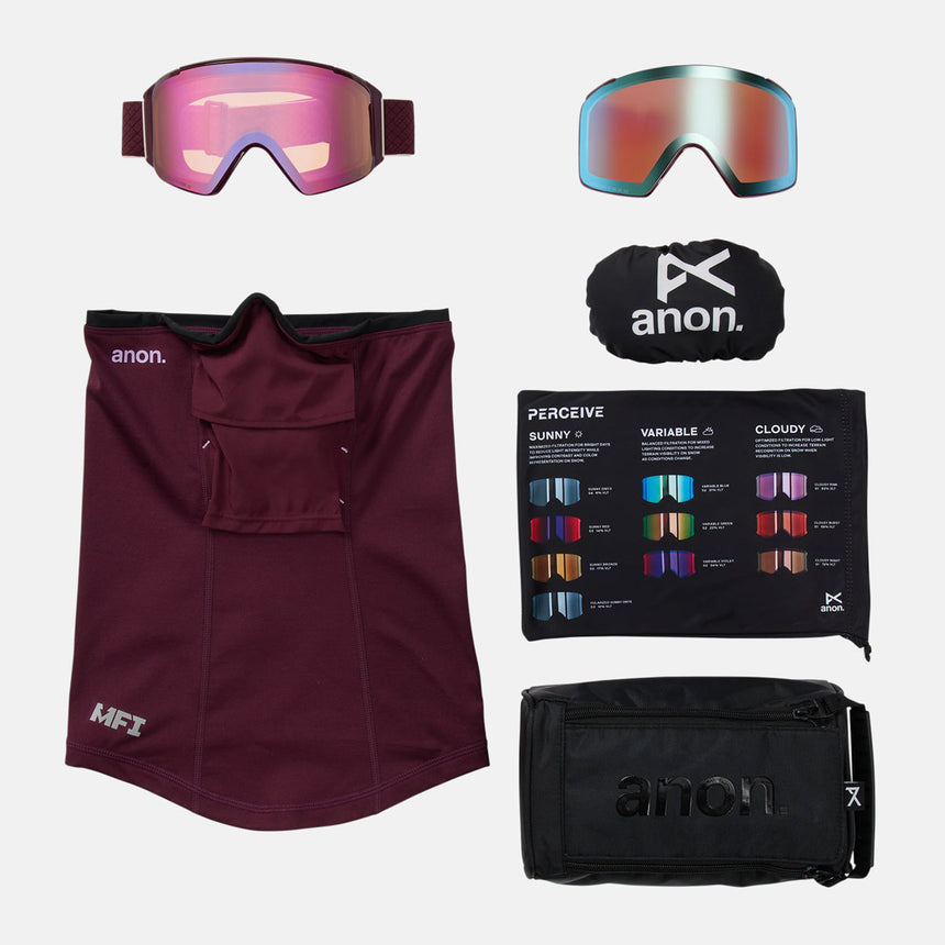 ANON M4S Cylindrical Goggle + MFI Facemask 2026 - Deep Cherry/Perceive Cloudy Pink
