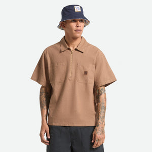 BRIXTON Brakeman Half Zip Short Sleeve Shirt - Brown/Tan Stripe