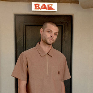 BRIXTON Brakeman Half Zip Short Sleeve Shirt - Brown/Tan Stripe