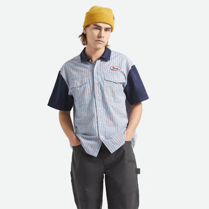 BRIXTON Builders Olson Short Sleeve Shirt - Blue Aura Stripe