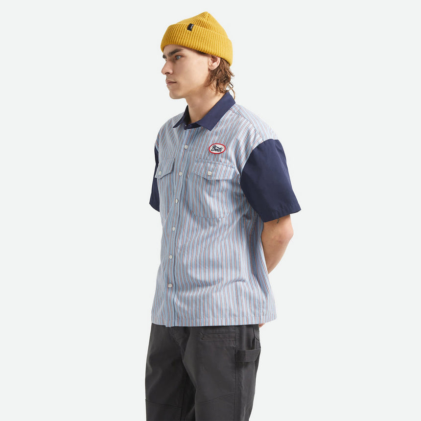 BRIXTON Builders Olson Short Sleeve Shirt - Blue Aura Stripe