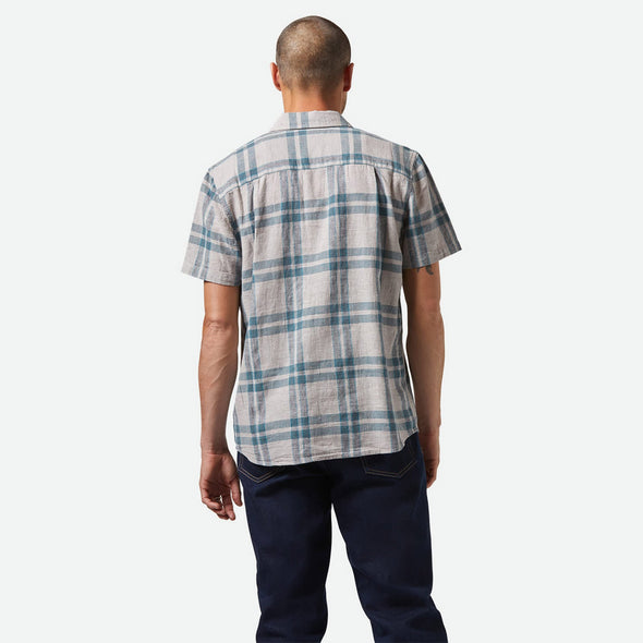 BRIXTON Charter Linen Blend Short Sleeve Shirt - Beige/Azure Blue Plaid