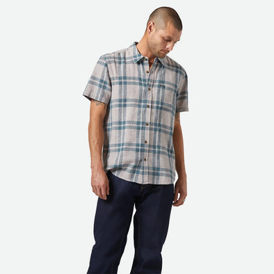 BRIXTON Charter Linen Blend Short Sleeve Shirt - Beige/Azure Blue Plaid