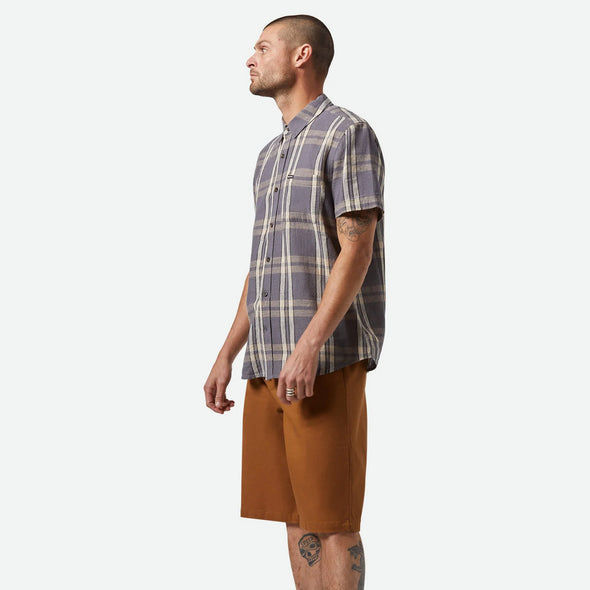 BRIXTON Charter Linen Blend Short Sleeve Shirt - Charcoal/Beige Plaid