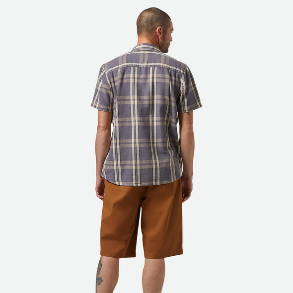 BRIXTON Charter Linen Blend Short Sleeve Shirt - Charcoal/Beige Plaid
