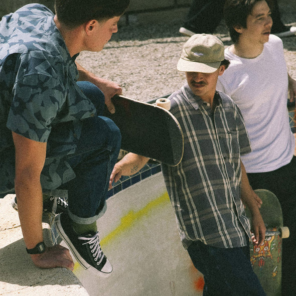 BRIXTON Charter Linen Blend Short Sleeve Shirt - Charcoal/Beige Plaid