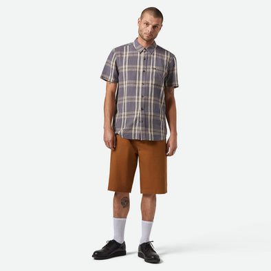 BRIXTON Charter Linen Blend Short Sleeve Shirt - Charcoal/Beige Plaid