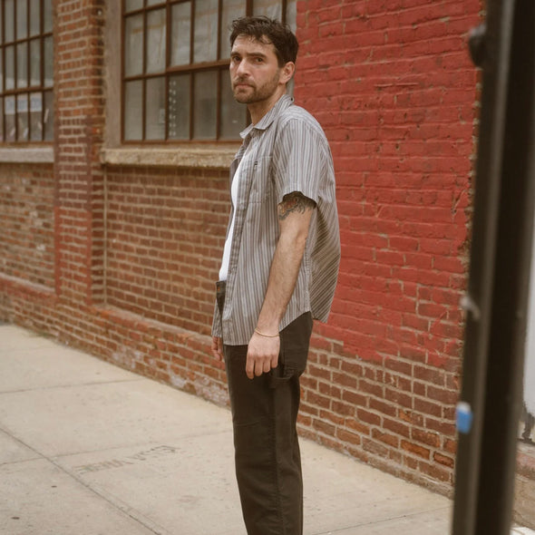 BRIXTON Charter Stripe Short Sleeve Shirt - Charcoal Grey