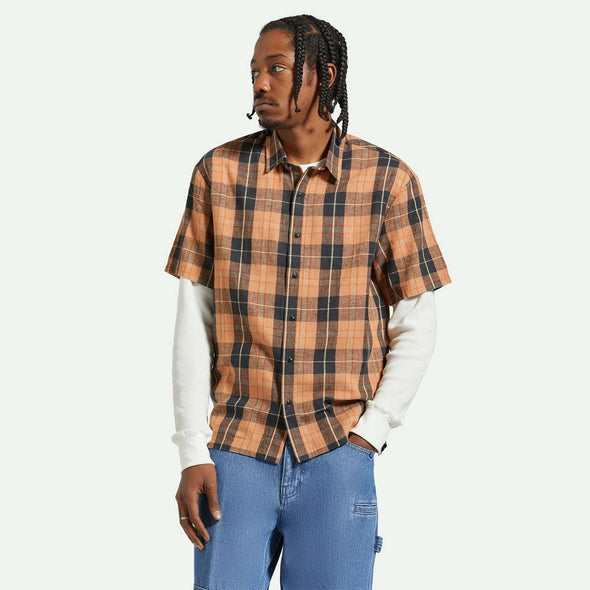 BRIXTON Cru Linen Blend Short Sleeve Shirt - Black/Rust Orange