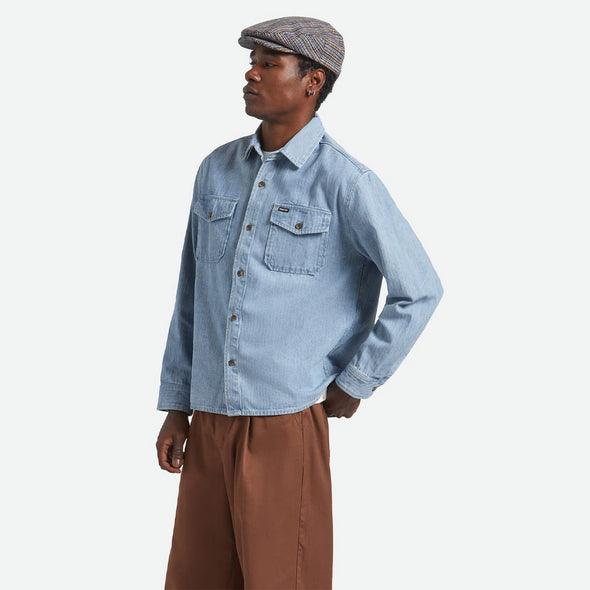 BRIXTON Herringbone Lightweight Relaxed Overshirt - Light Wash Denim Herringbone