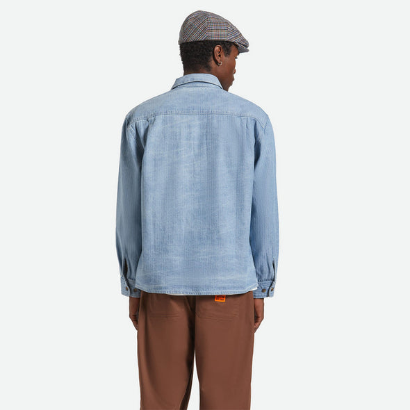 BRIXTON Herringbone Lightweight Relaxed Overshirt - Light Wash Denim Herringbone