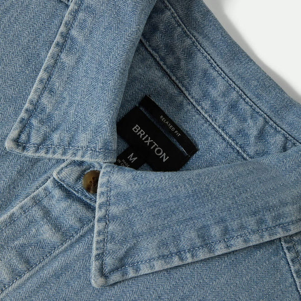 BRIXTON Herringbone Lightweight Relaxed Overshirt - Light Wash Denim Herringbone