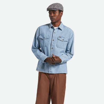 BRIXTON Herringbone Lightweight Relaxed Overshirt - Light Wash Denim Herringbone