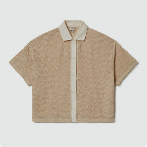 BRIXTON Women's Camp Mesh Button Down Short Sleeve Polo - Off White