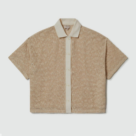 BRIXTON Women's Camp Mesh Button Down Short Sleeve Polo - Off White