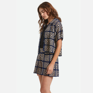 BRIXTON Women's Crochet Short Sleeve Button Down - Mood Indigo/Off White