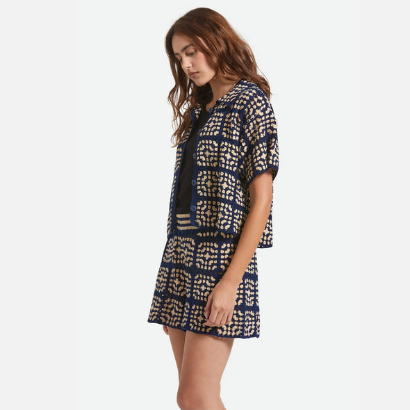 BRIXTON Women's Crochet Short Sleeve Button Down - Mood Indigo/Off White