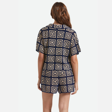 BRIXTON Women's Crochet Short Sleeve Button Down - Mood Indigo/Off White