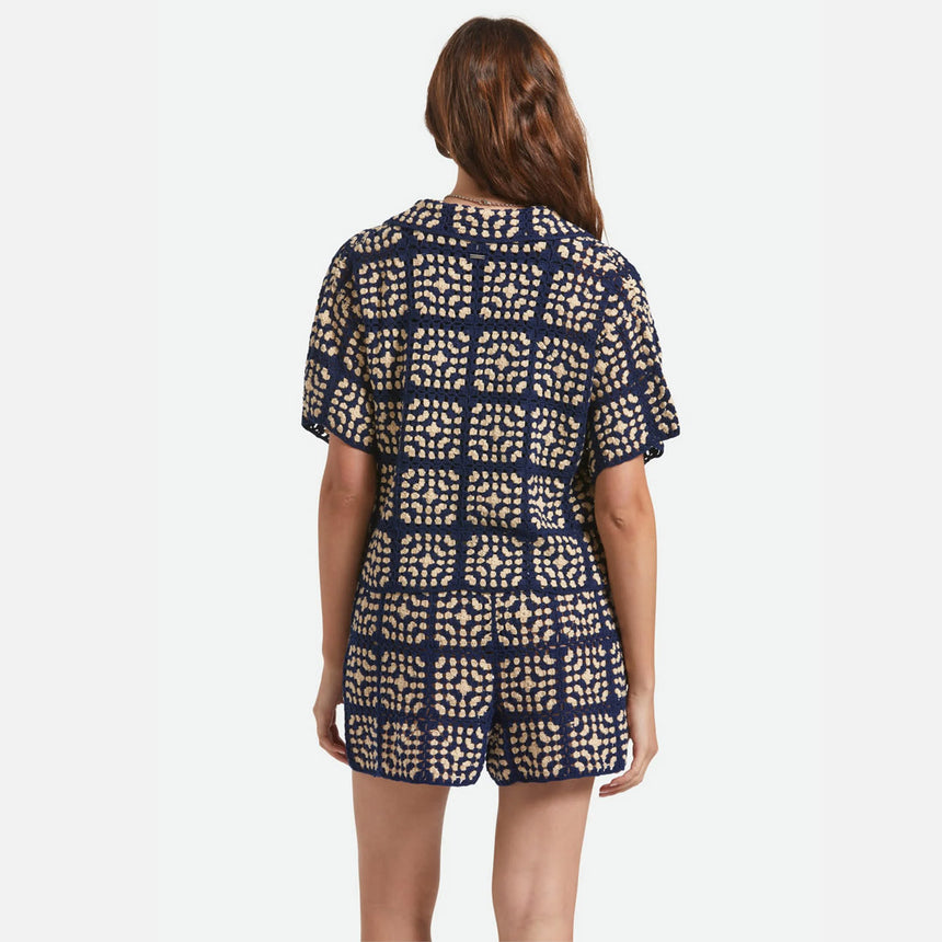 BRIXTON Women's Crochet Short Sleeve Button Down - Mood Indigo/Off White