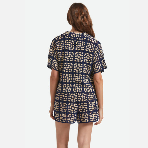BRIXTON Women's Crochet Short Sleeve Button Down - Mood Indigo/Off White