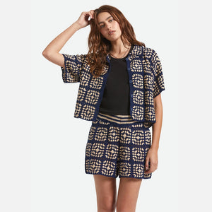 BRIXTON Women's Crochet Short Sleeve Button Down - Mood Indigo/Off White